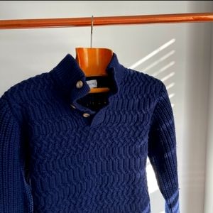 Men’s Cable Knit Sweater Chunky Henley by Ledbury Merino Wool Navy-Blue Medium